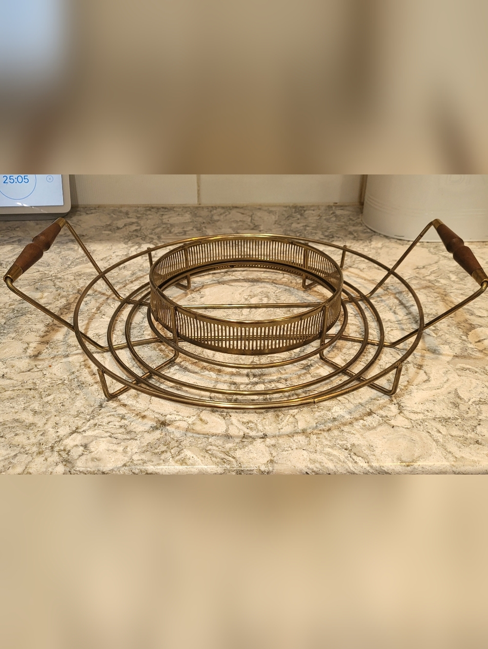 Vtg Gold Metal Serving Caddy Mid-Century  Modern  Wooden Handles 60s
